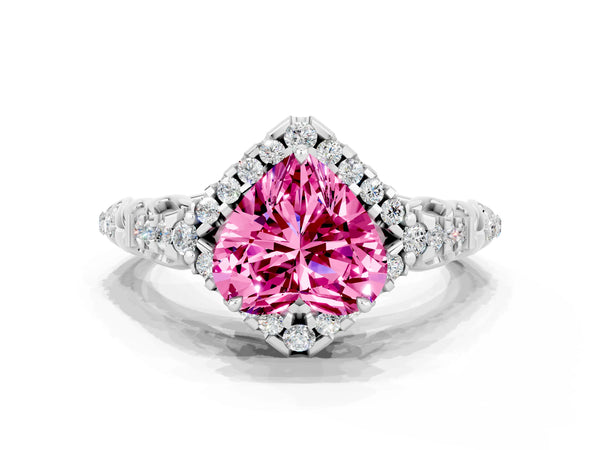 Platinum Heart Cut Pink Sapphire Solitaire Ring with Hidden Halo and Pavé Band