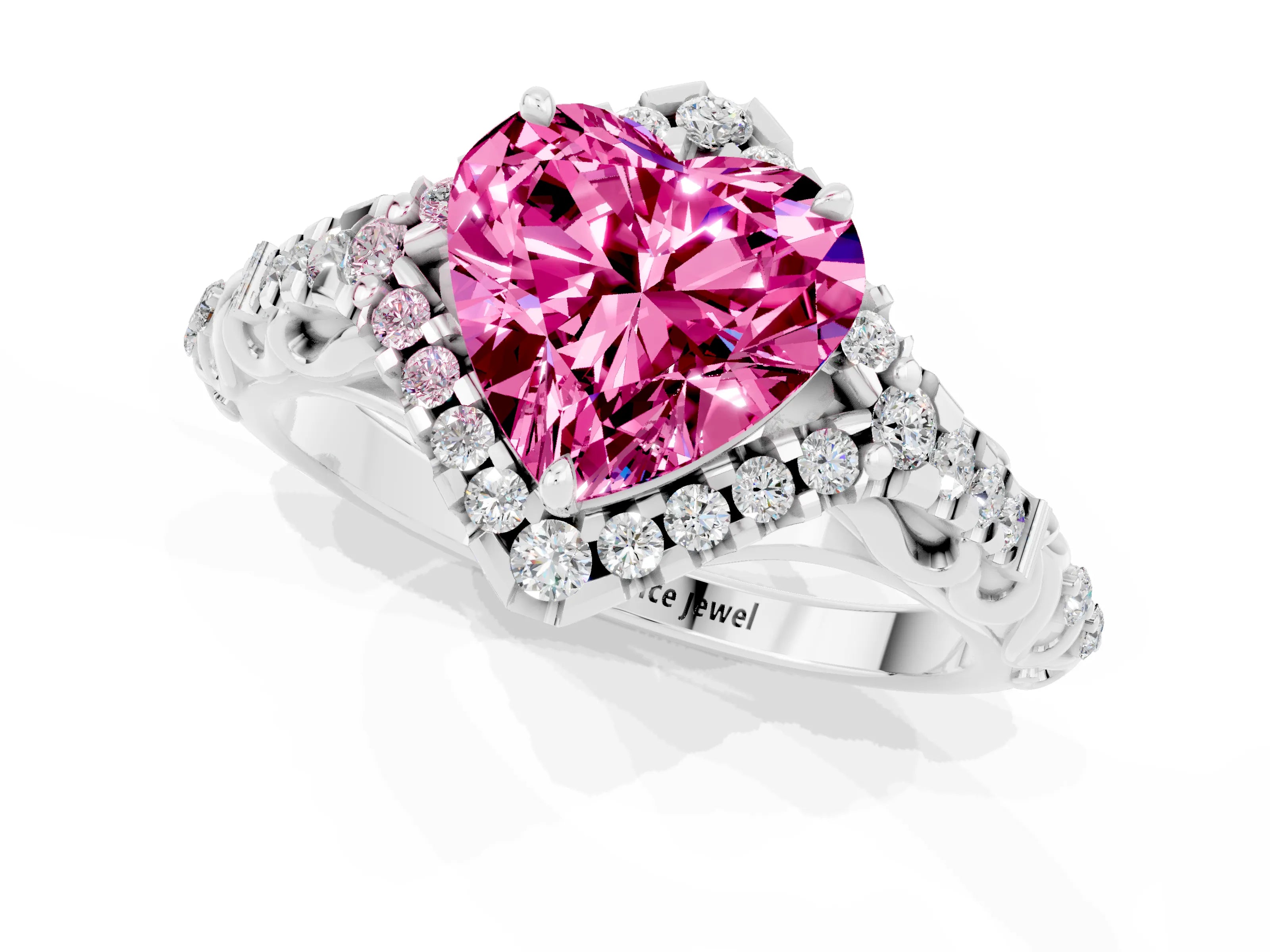 White gold Heart Cut Pink Sapphire Solitaire Ring with Hidden Halo and Pavé Band_35
