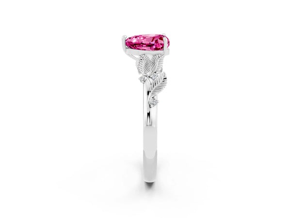White gold Heart Cut Pink Sapphire Solitaire Ring with Leaf Motif Band and Four-Prong Setting