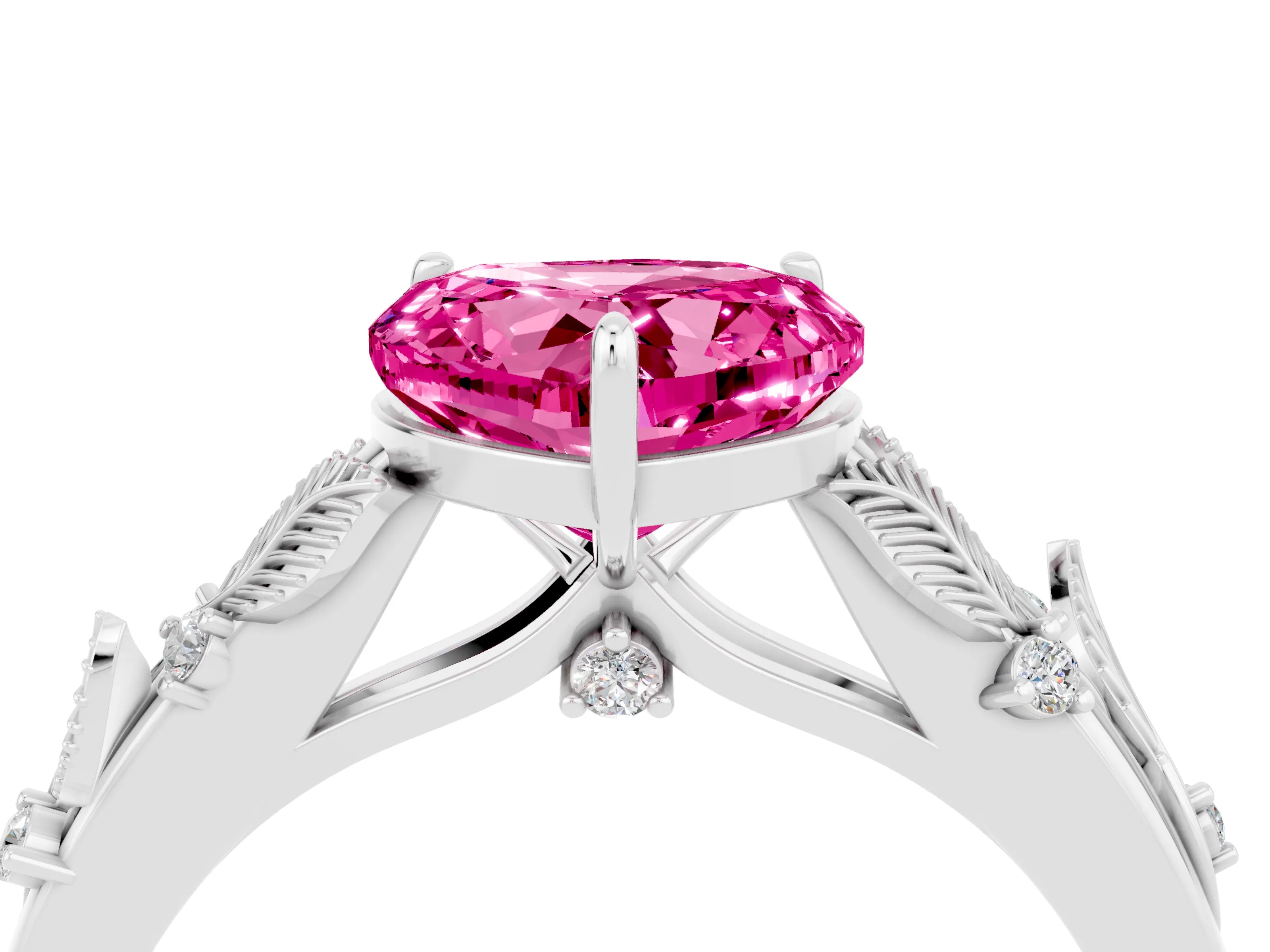 White gold Heart Cut Pink Sapphire Solitaire Ring with Leaf Motif Band and Four-Prong Setting_16