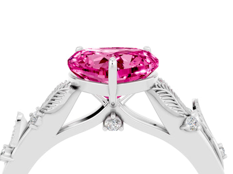 White gold Heart Cut Pink Sapphire Solitaire Ring with Leaf Motif Band and Four-Prong Setting_16