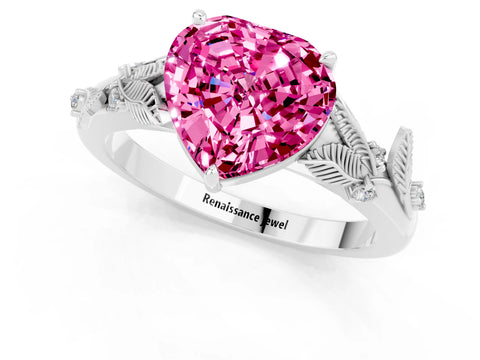 White gold Heart Cut Pink Sapphire Solitaire Ring with Leaf Motif Band and Four-Prong Setting_1