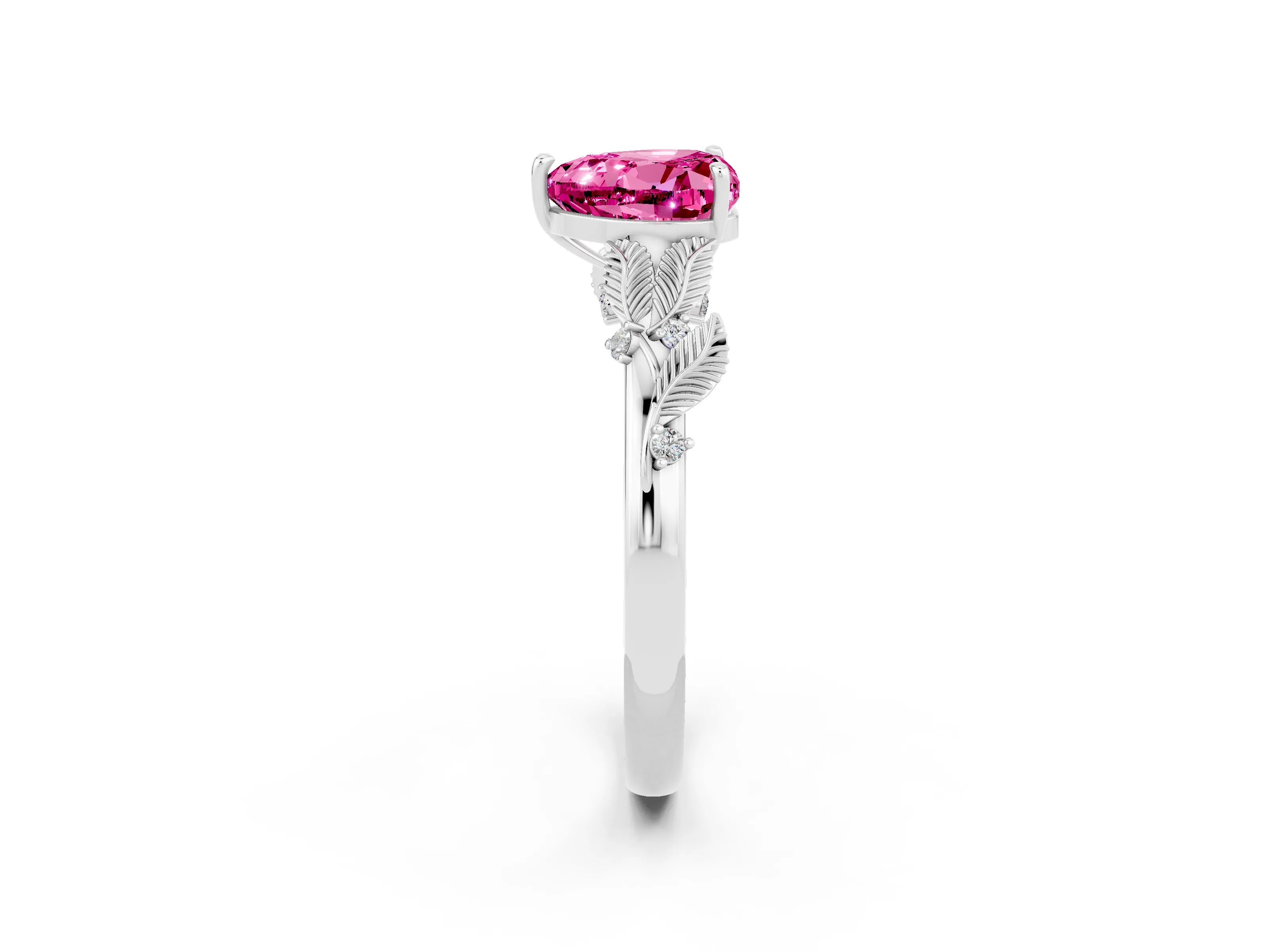 White gold Heart Cut Pink Sapphire Solitaire Ring with Leaf Motif Band and Four-Prong Setting_2