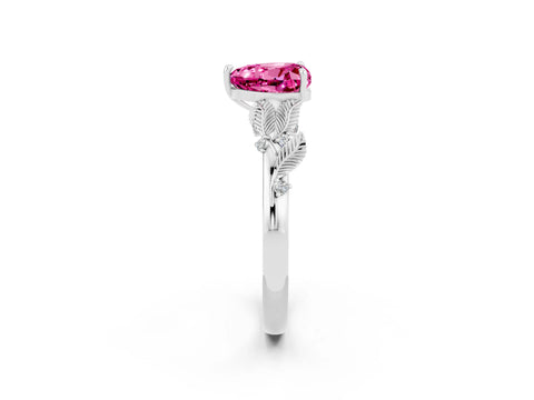 White gold Heart Cut Pink Sapphire Solitaire Ring with Leaf Motif Band and Four-Prong Setting_2