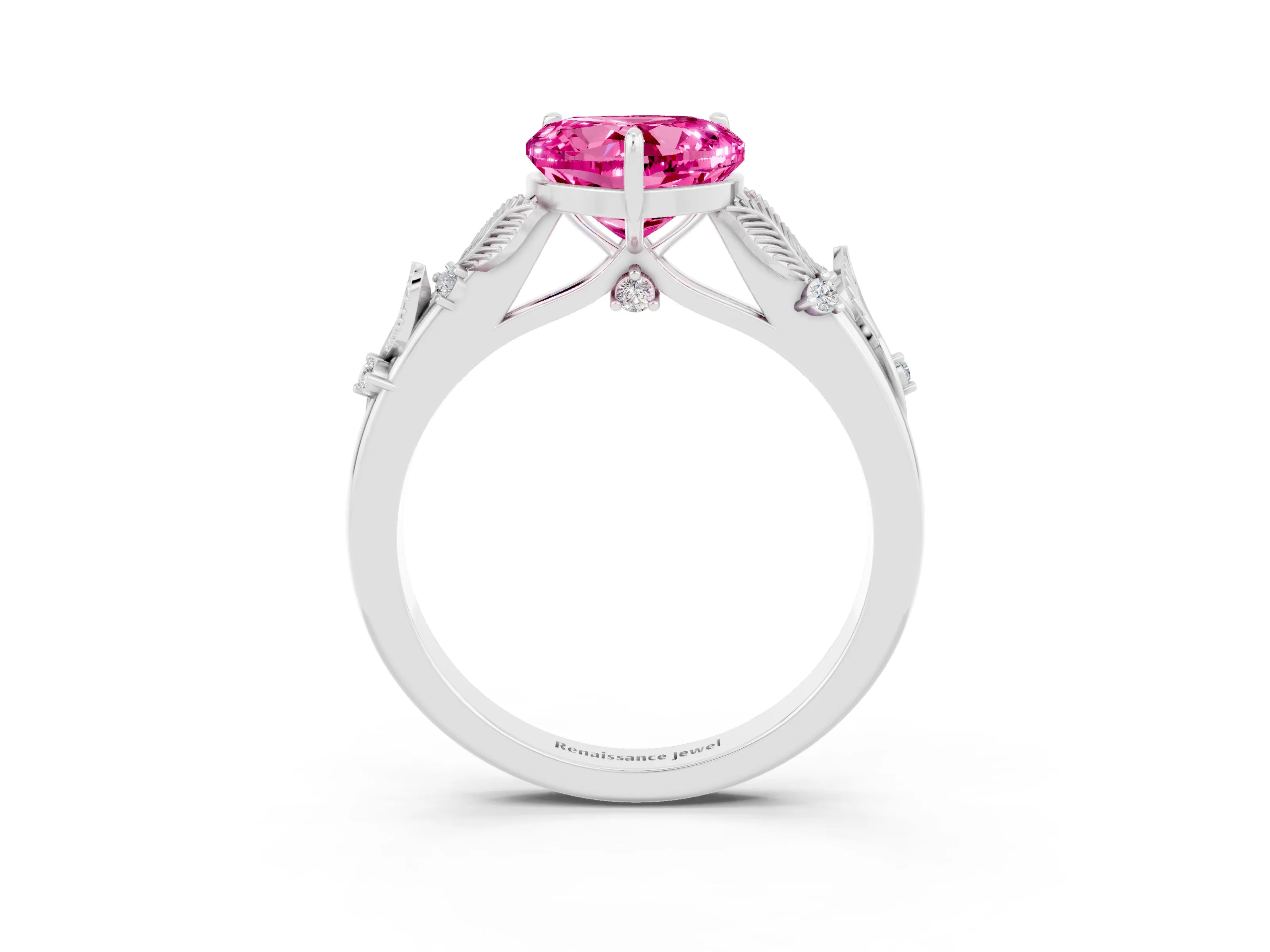 White gold Heart Cut Pink Sapphire Solitaire Ring with Leaf Motif Band and Four-Prong Setting_3