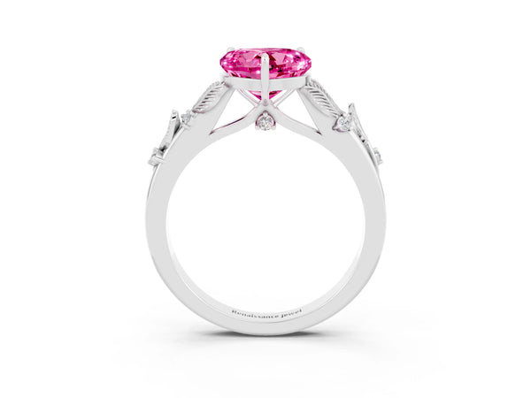Platinum Heart Cut Pink Sapphire Solitaire Ring with Leaf Motif Band and Four-Prong Setting