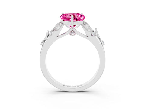 White gold Heart Cut Pink Sapphire Solitaire Ring with Leaf Motif Band and Four-Prong Setting_3