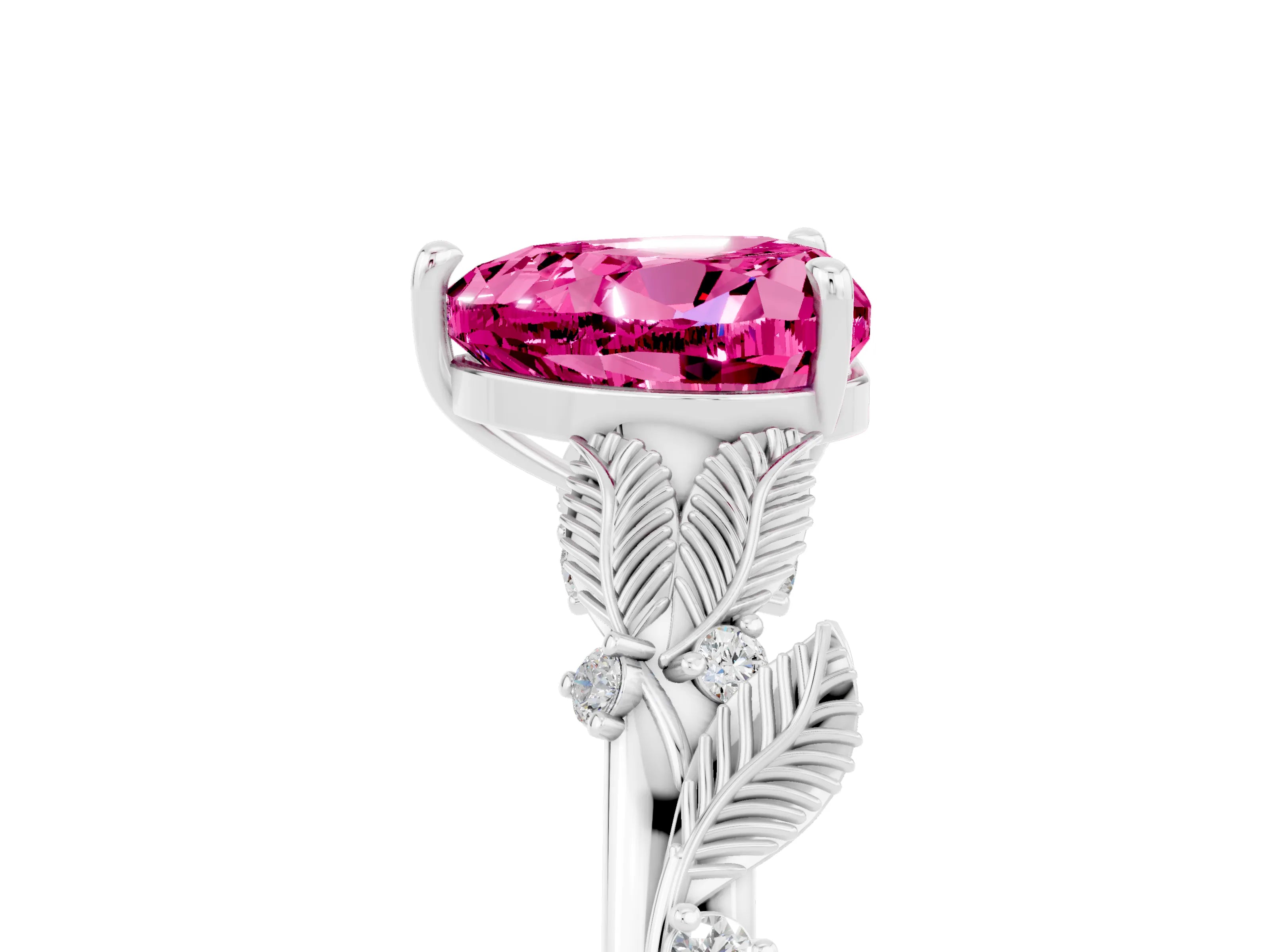 White gold Heart Cut Pink Sapphire Solitaire Ring with Leaf Motif Band and Four-Prong Setting_5