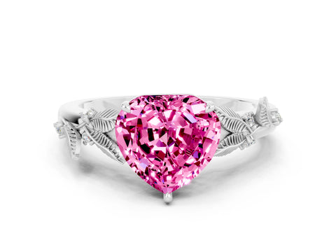 White gold Heart Cut Pink Sapphire Solitaire Ring with Leaf Motif Band and Four-Prong Setting