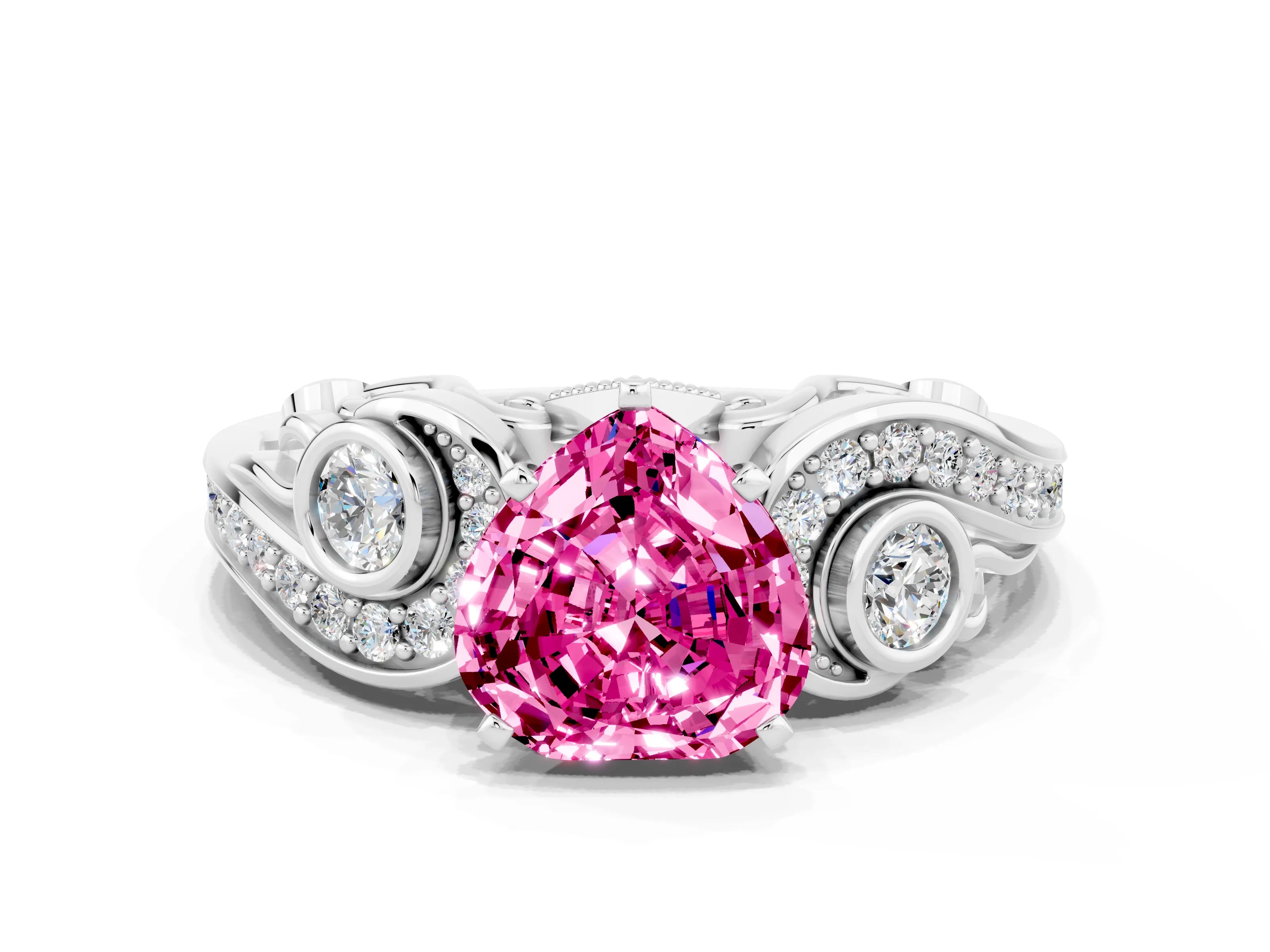 White gold Heart Cut Pink Sapphire Solitaire Ring with Milgrain Pavé Band and Four-Prong Setting_12