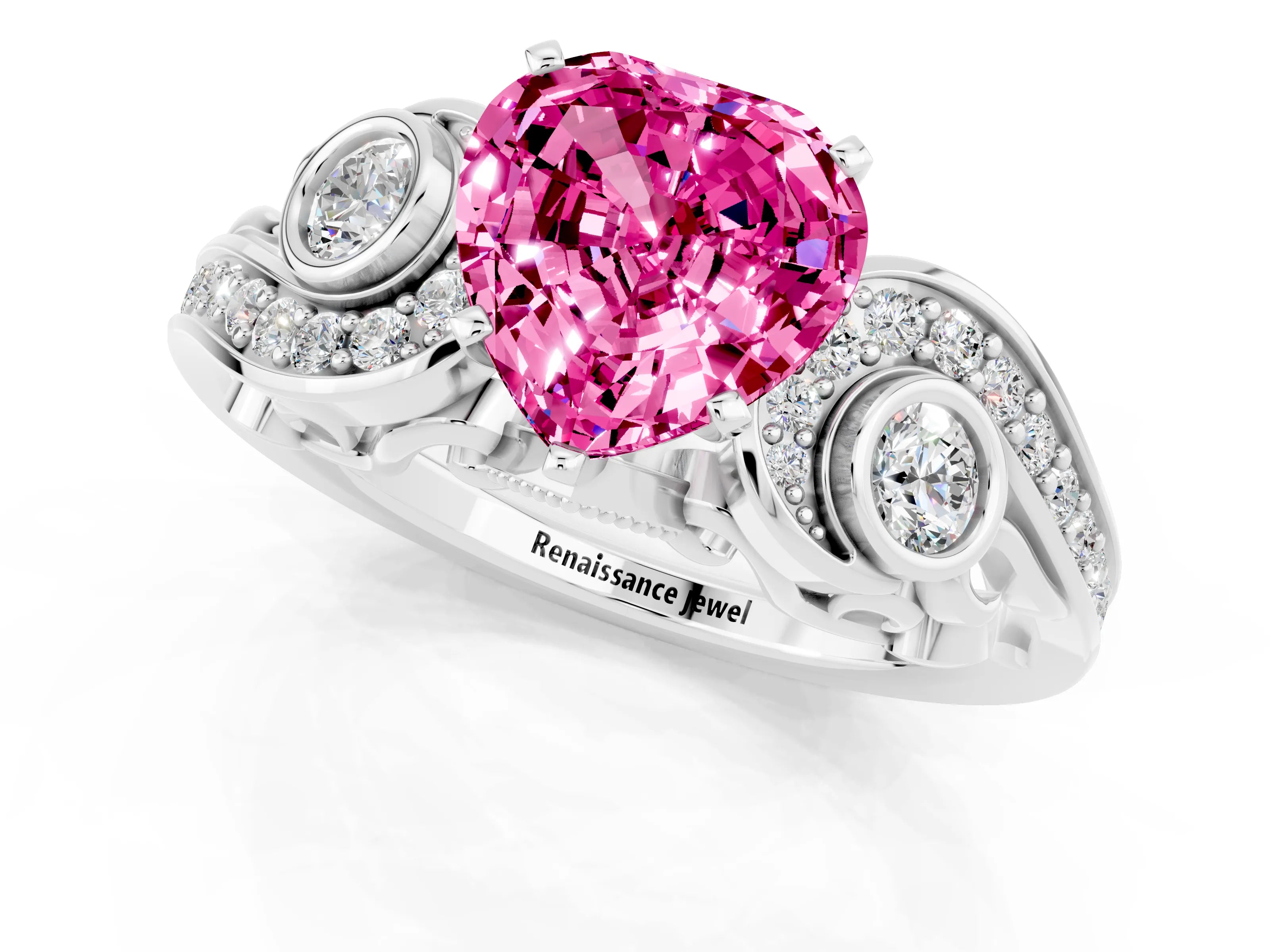 White gold Heart Cut Pink Sapphire Solitaire Ring with Milgrain Pavé Band and Four-Prong Setting_13