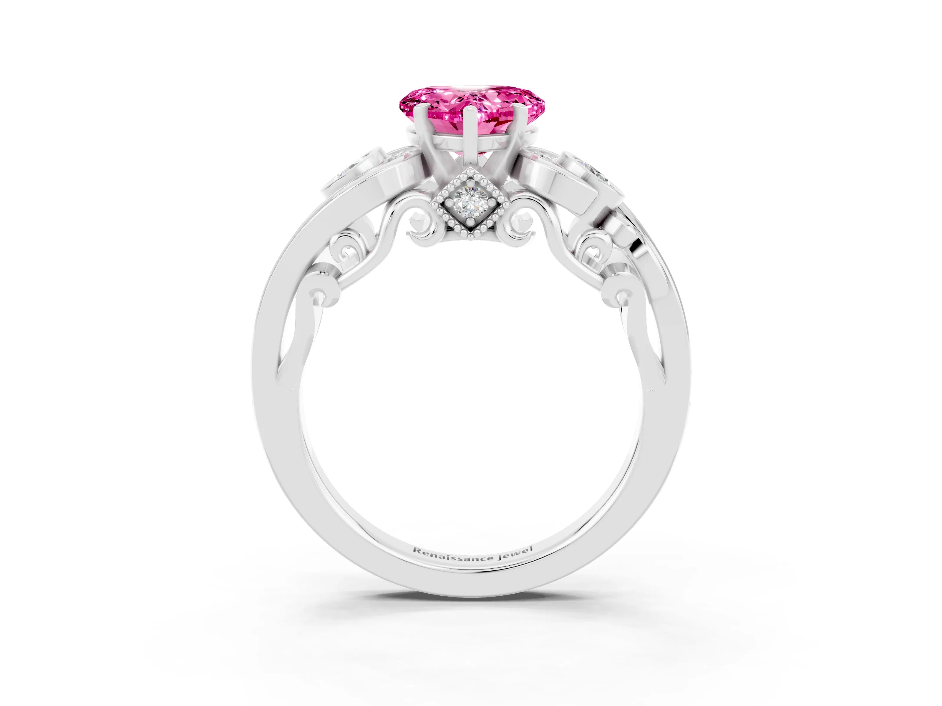 White gold Heart Cut Pink Sapphire Solitaire Ring with Milgrain Pavé Band and Four-Prong Setting_15