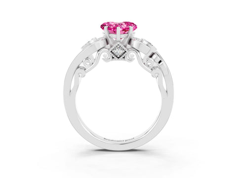 White gold Heart Cut Pink Sapphire Solitaire Ring with Milgrain Pavé Band and Four-Prong Setting_15