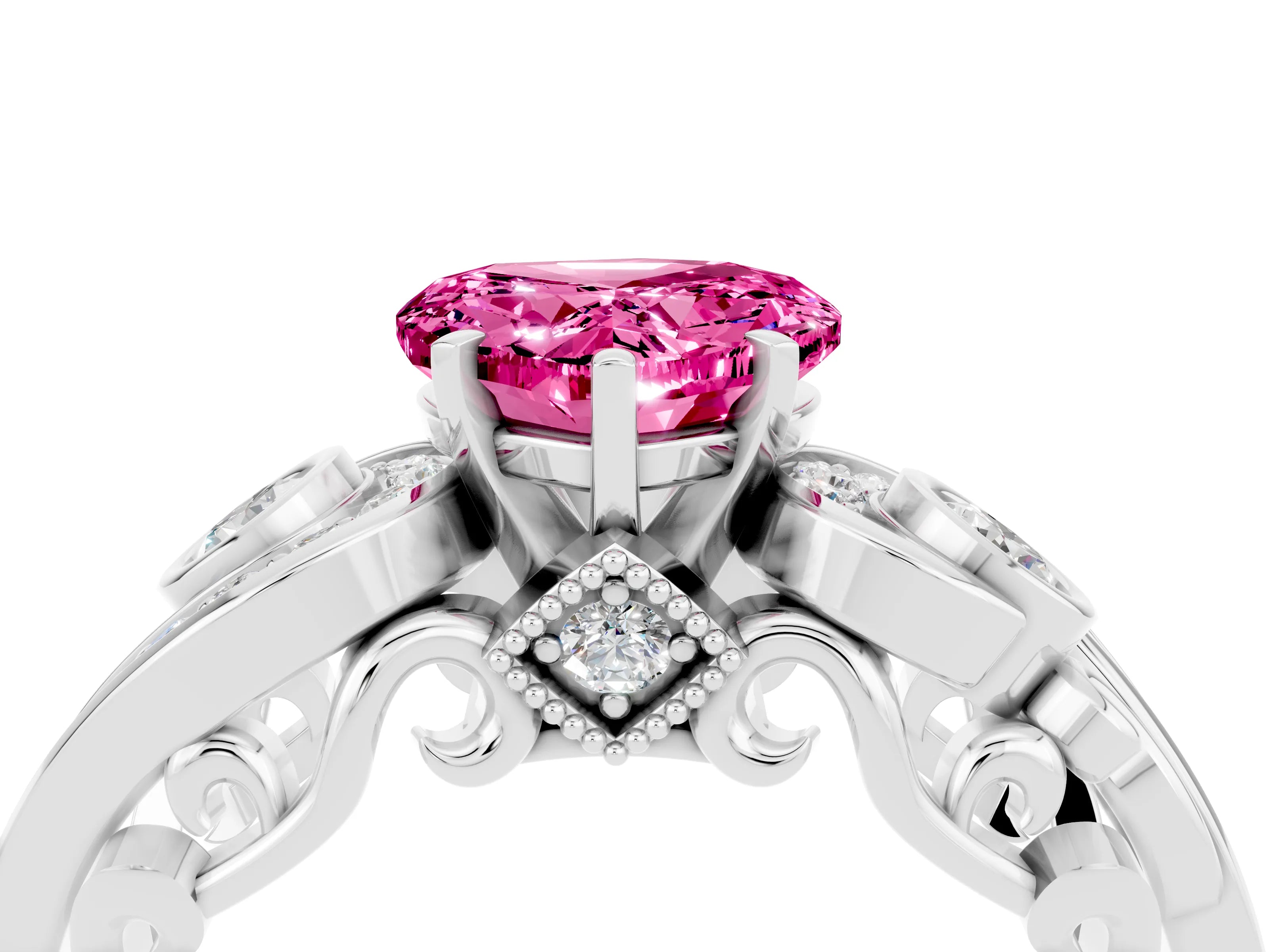 White gold Heart Cut Pink Sapphire Solitaire Ring with Milgrain Pavé Band and Four-Prong Setting_16