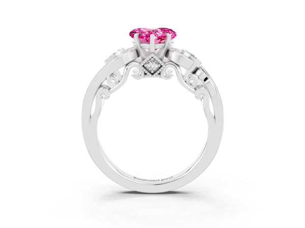 White gold Heart Cut Pink Sapphire Solitaire Ring with Milgrain Pavé Band and Four-Prong Setting