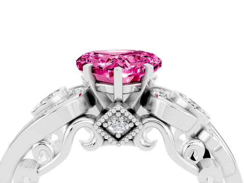 White gold Heart Cut Pink Sapphire Solitaire Ring with Milgrain Pavé Band and Four-Prong Setting_52