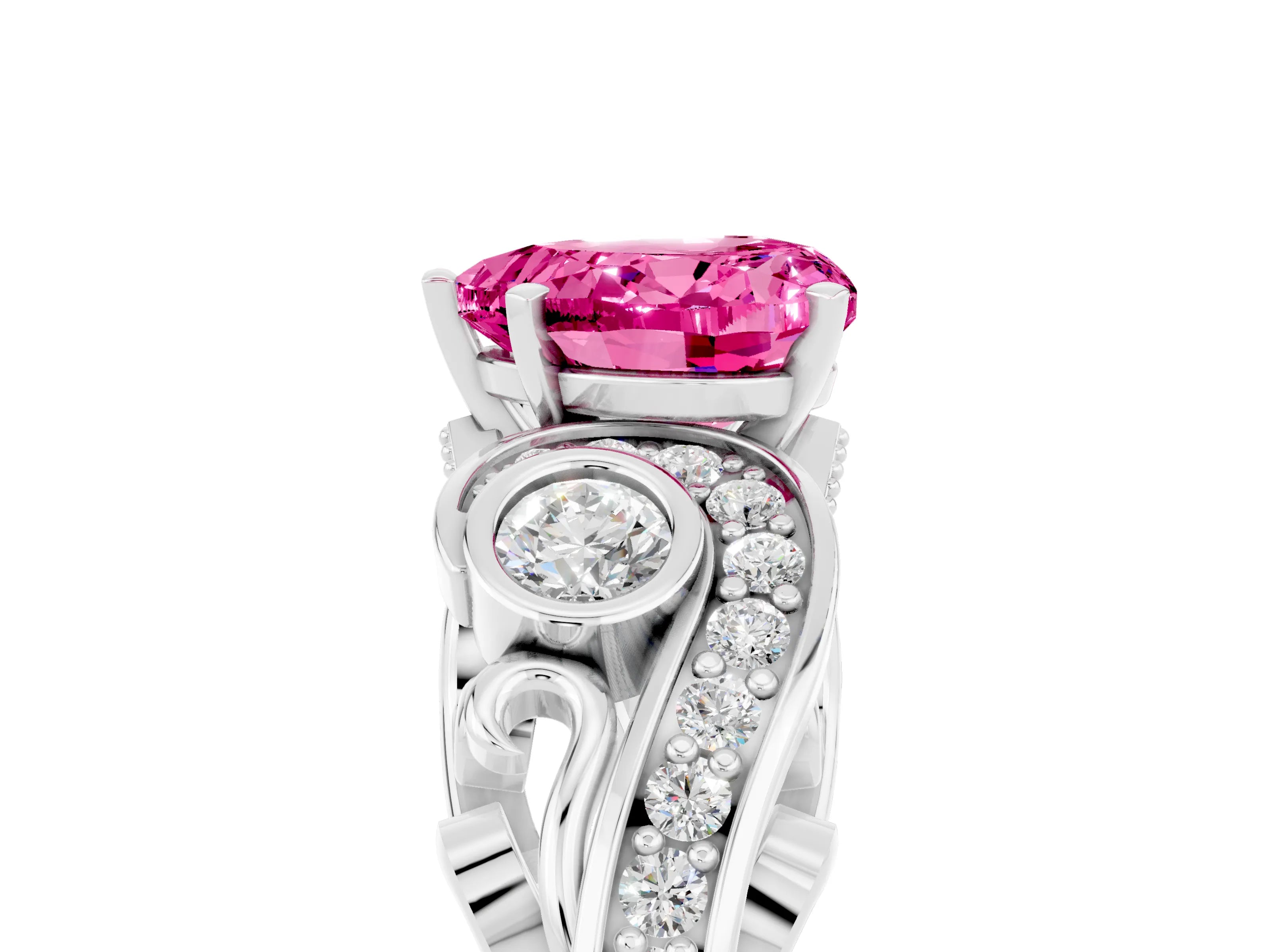 White gold Heart Cut Pink Sapphire Solitaire Ring with Milgrain Pavé Band and Four-Prong Setting_53