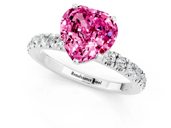 Platinum Heart Cut Pink Sapphire Solitaire Ring with Pavé Accents and Four-Prong Setting