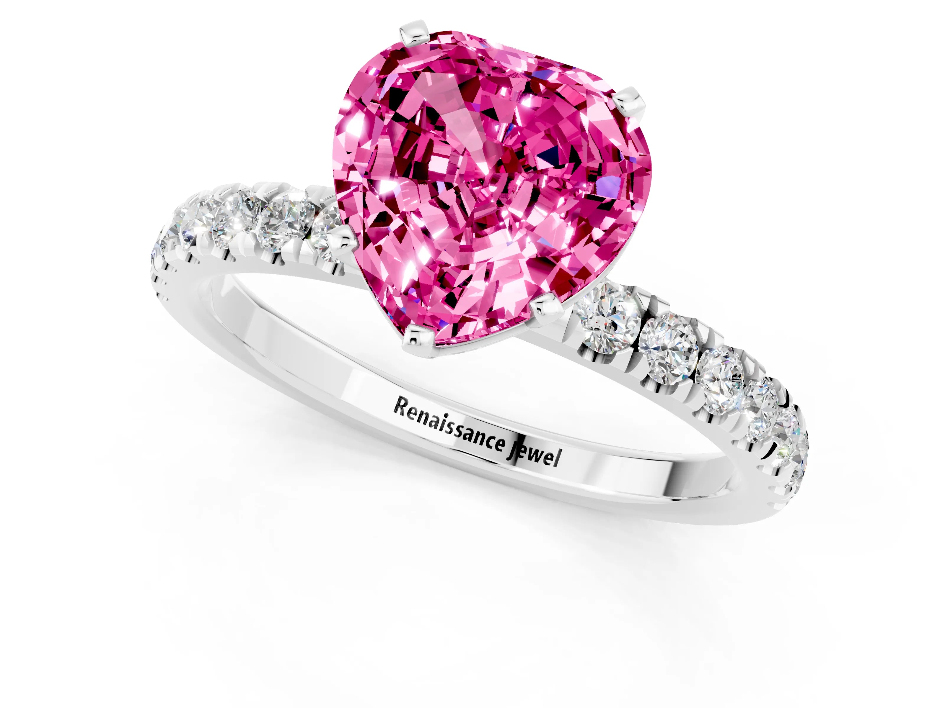 White gold Heart Cut Pink Sapphire Solitaire Ring with Pavé Accents and Four-Prong Setting_25