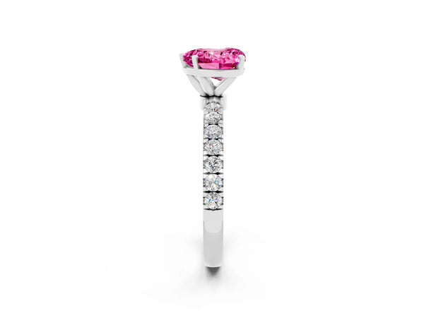 Platinum Heart Cut Pink Sapphire Solitaire Ring with Pavé Accents and Four-Prong Setting