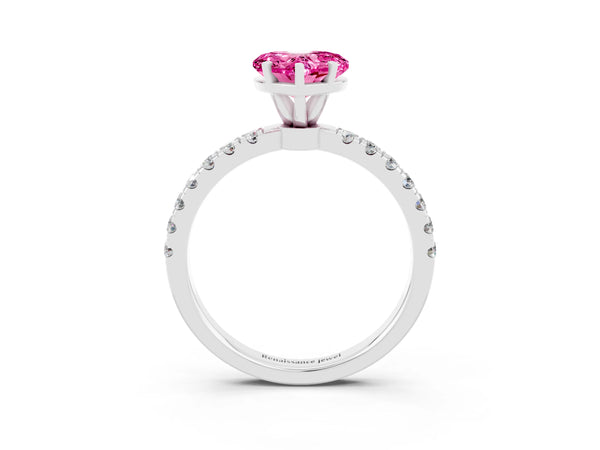 Platinum Heart Cut Pink Sapphire Solitaire Ring with Pavé Accents and Four-Prong Setting