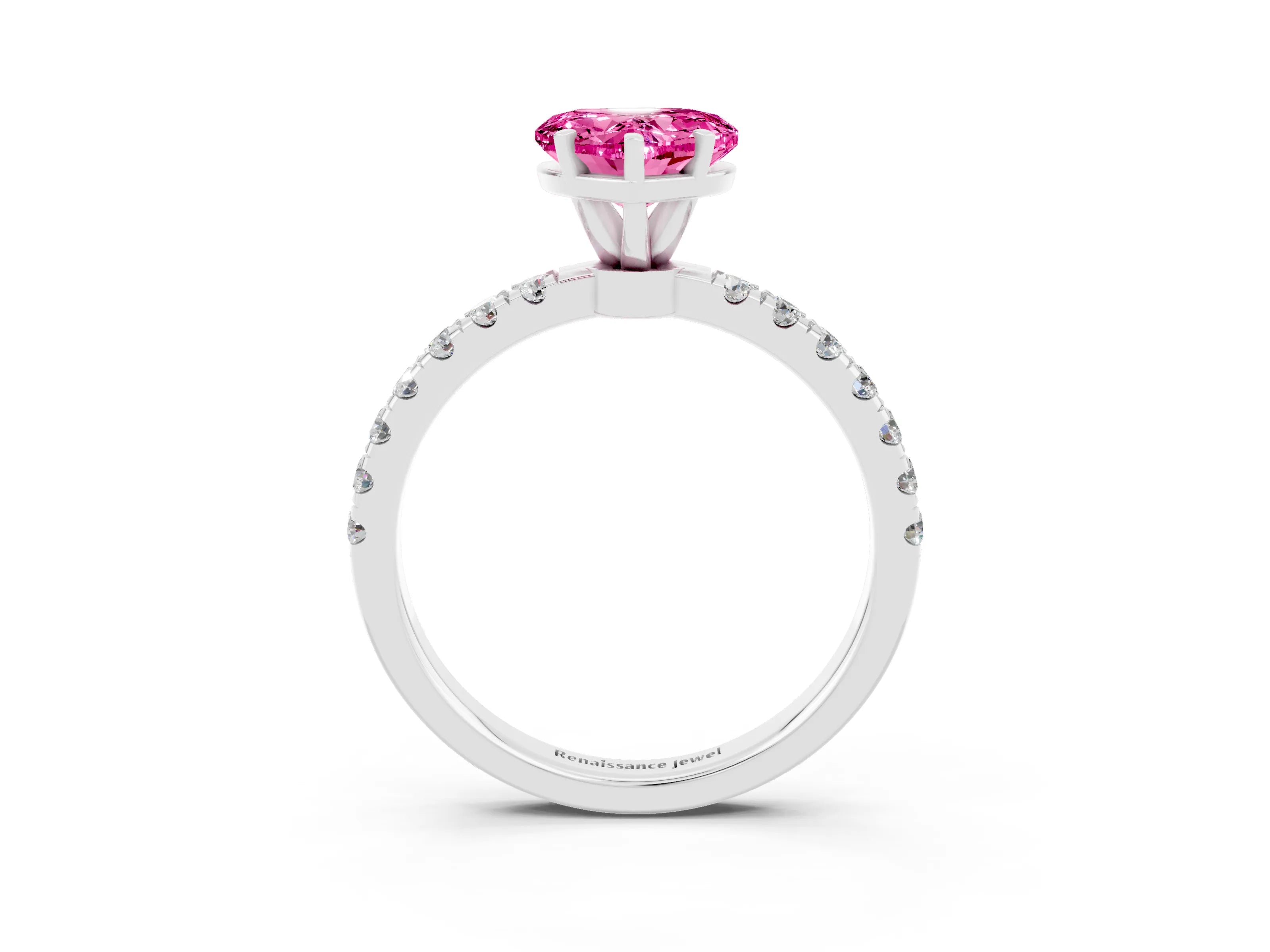 White gold Heart Cut Pink Sapphire Solitaire Ring with Pavé Accents and Four-Prong Setting_27