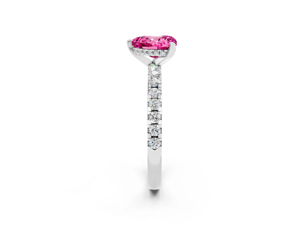 Platinum Heart Cut Pink Sapphire Solitaire Ring with Round  Pavé Band and Four-Prong Setting