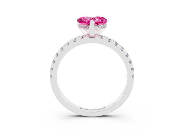 Silver Heart Cut Pink Sapphire Solitaire Ring with Round  Pavé Band and Four-Prong Setting