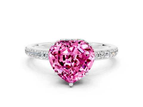 White gold Heart Cut Pink Sapphire Solitaire Ring with Pavé Band and Hidden Halo_12