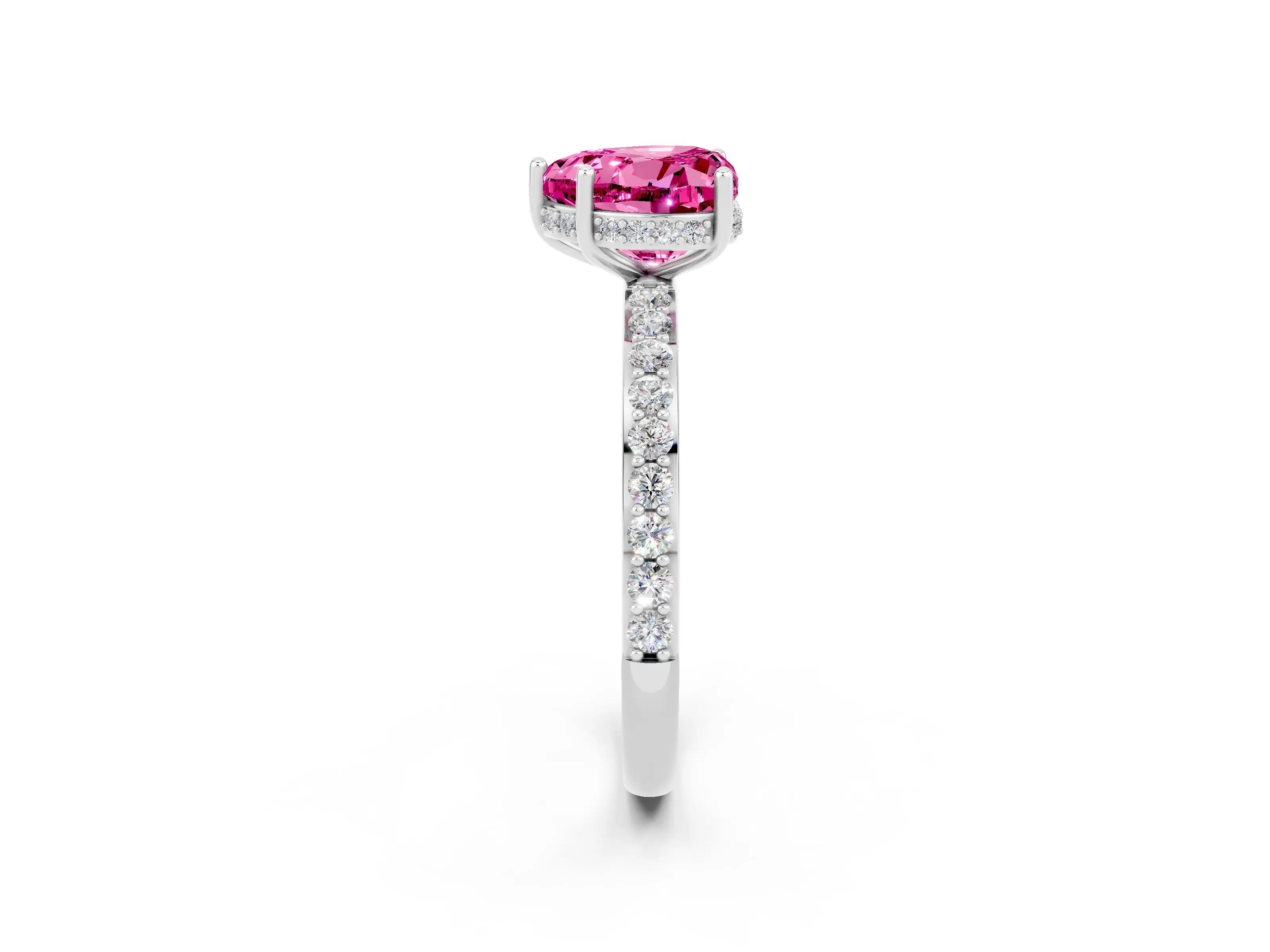 White gold Heart Cut Pink Sapphire Solitaire Ring with Pavé Band and Hidden Halo_14