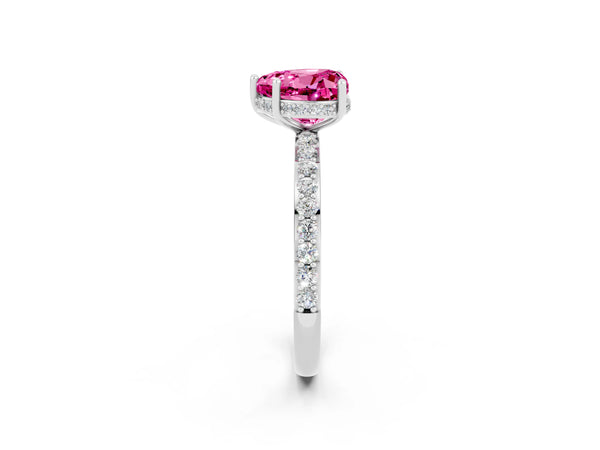 Platinum Heart Cut Pink Sapphire Solitaire Ring with Pavé Band and Hidden Halo