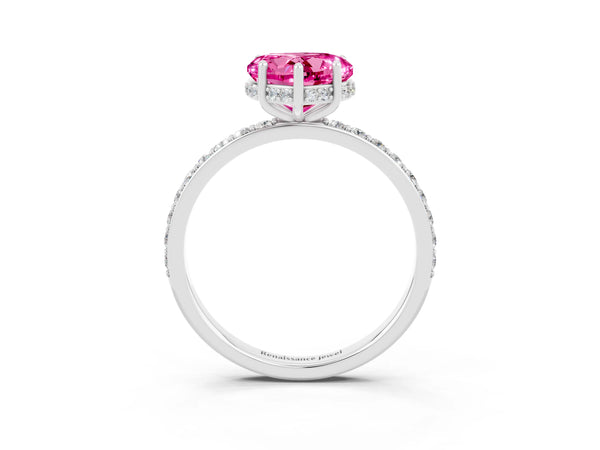 Platinum Heart Cut Pink Sapphire Solitaire Ring with Pavé Band and Hidden Halo