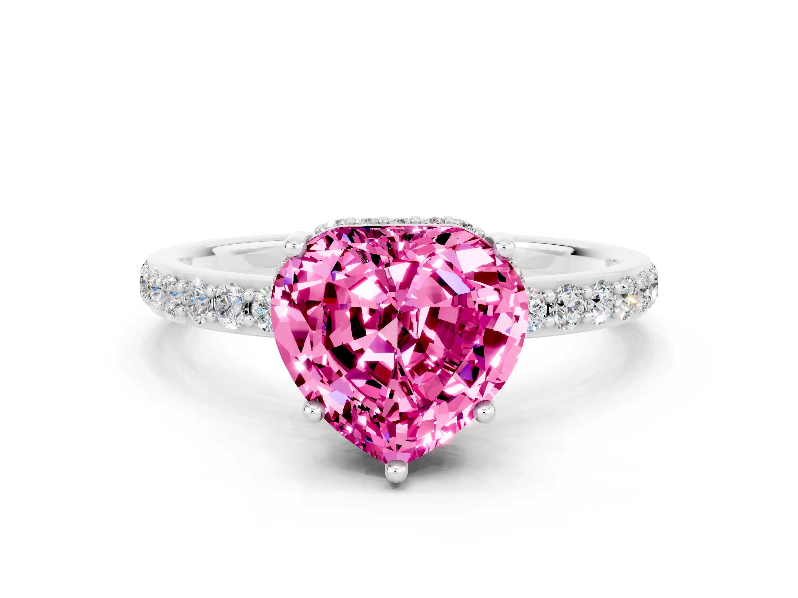 White gold Heart Cut Pink Sapphire Solitaire Ring with Pavé Band and Hidden Halo_24