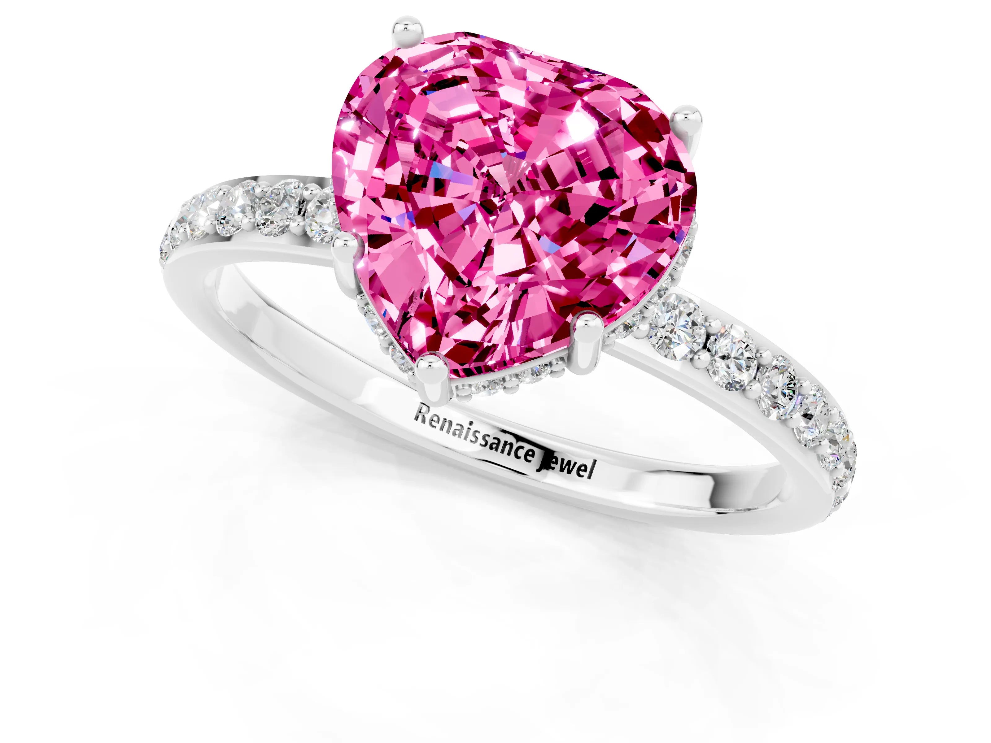 White gold Heart Cut Pink Sapphire Solitaire Ring with Pavé Band and Hidden Halo_25