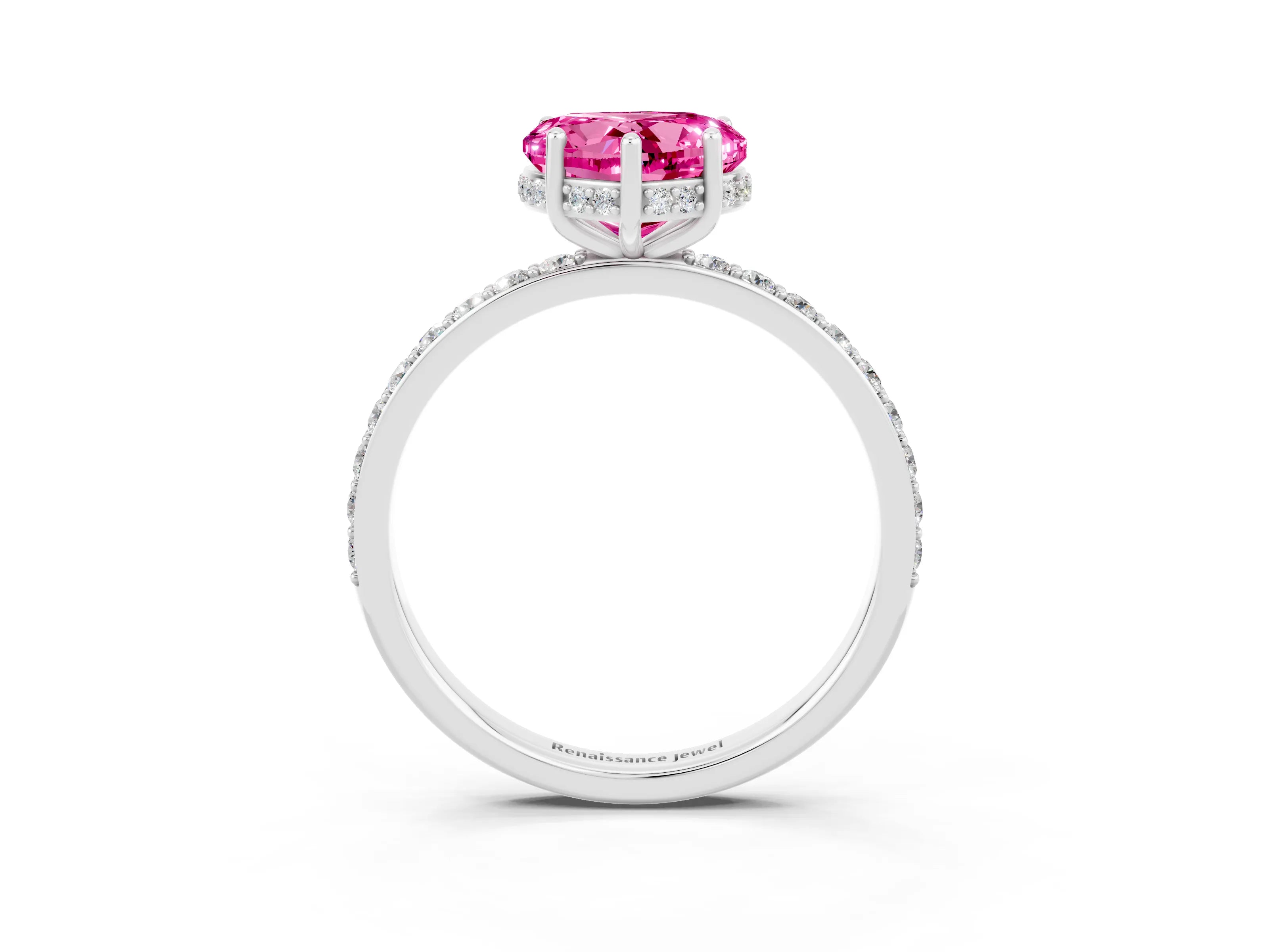 White gold Heart Cut Pink Sapphire Solitaire Ring with Pavé Band and Hidden Halo_27