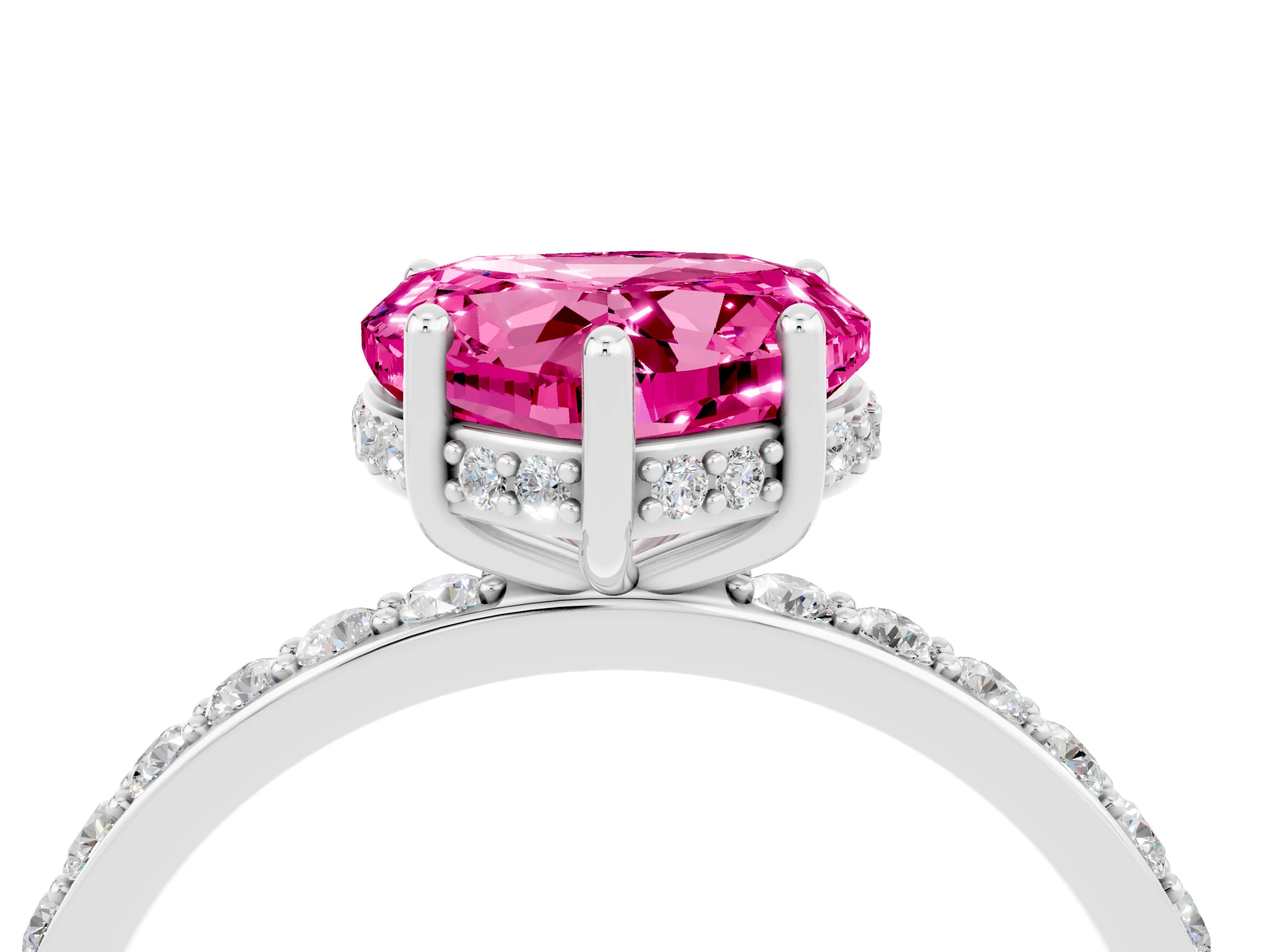 White gold Heart Cut Pink Sapphire Solitaire Ring with Pavé Band and Hidden Halo_28