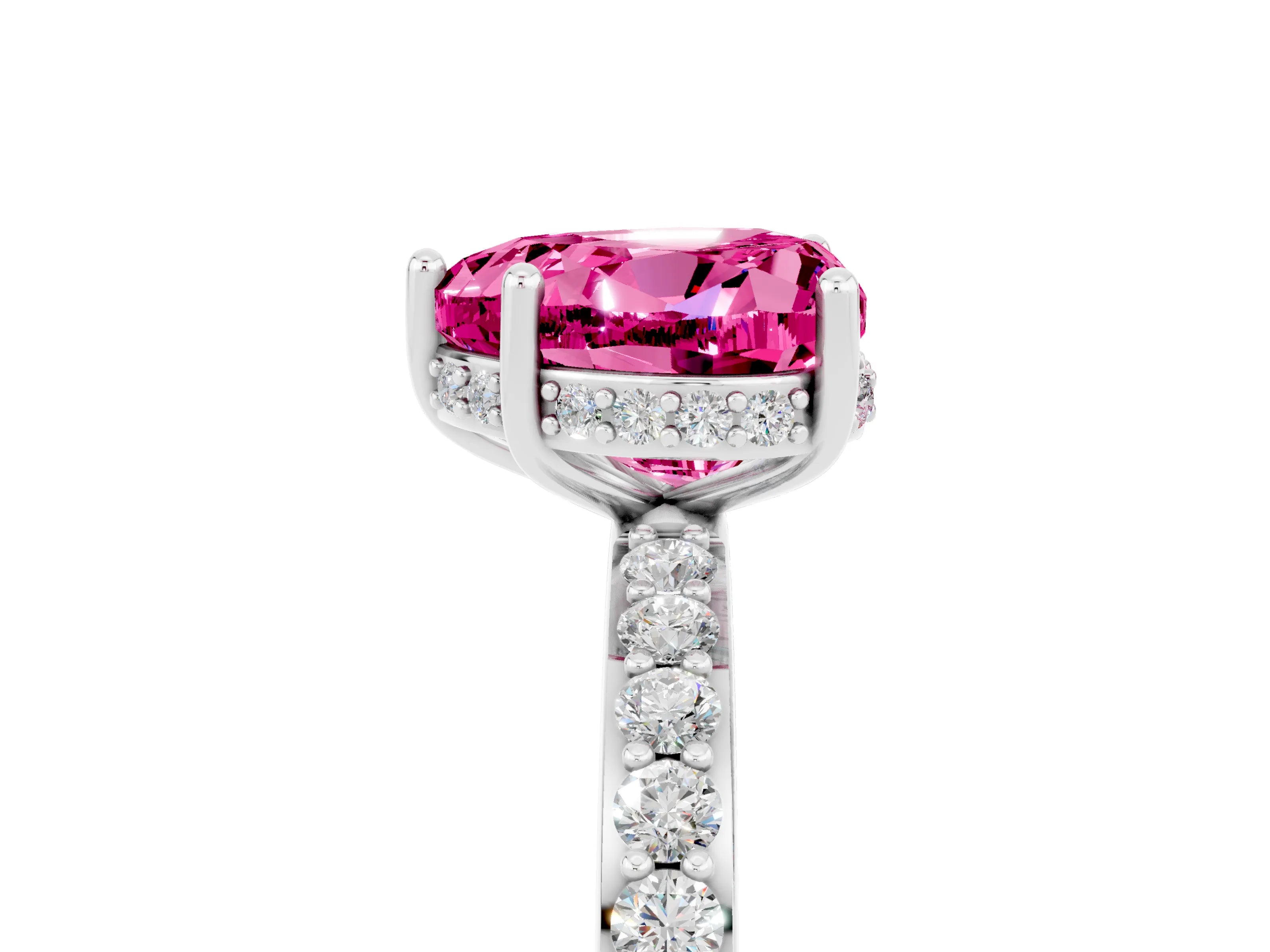 White gold Heart Cut Pink Sapphire Solitaire Ring with Pavé Band and Hidden Halo_29
