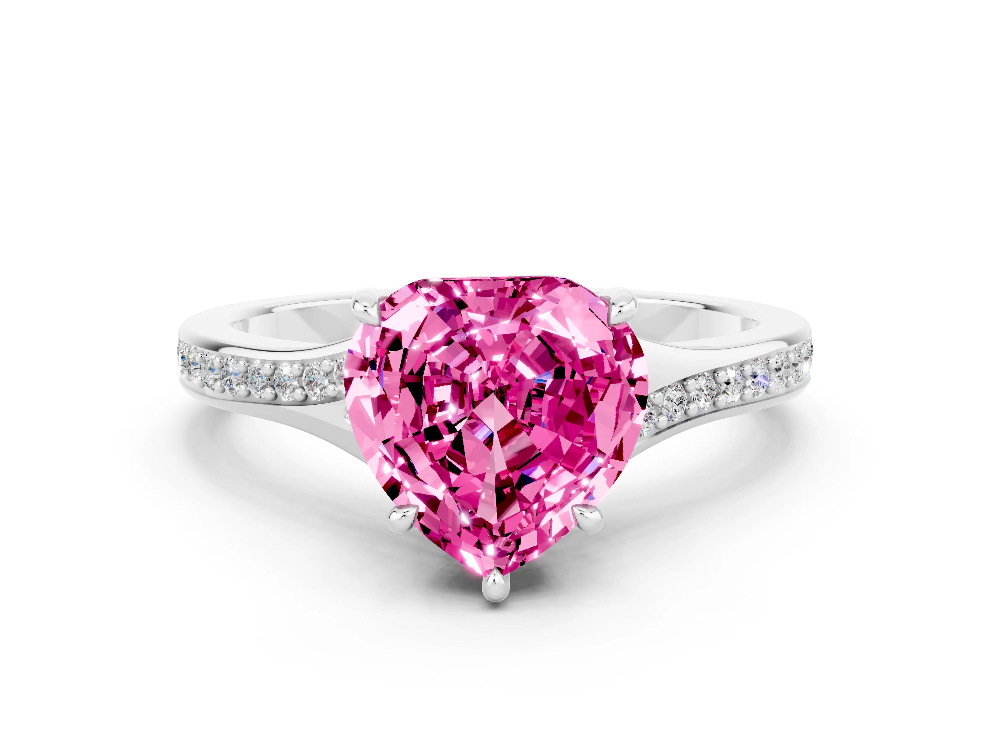 White gold Heart Cut Pink Sapphire Solitaire Ring with Pavé Band and Prong Setting_12