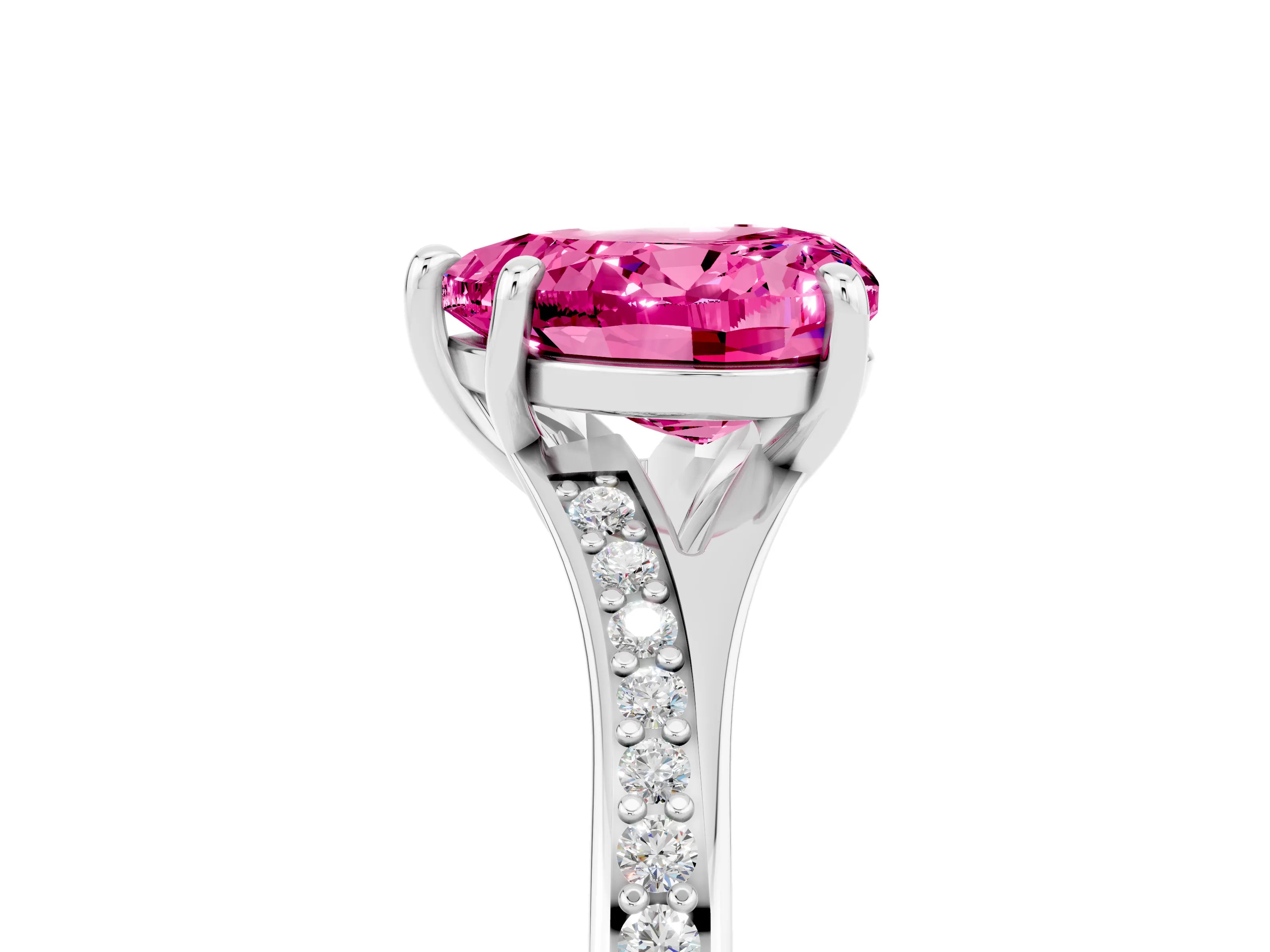 White gold Heart Cut Pink Sapphire Solitaire Ring with Pavé Band and Prong Setting_17
