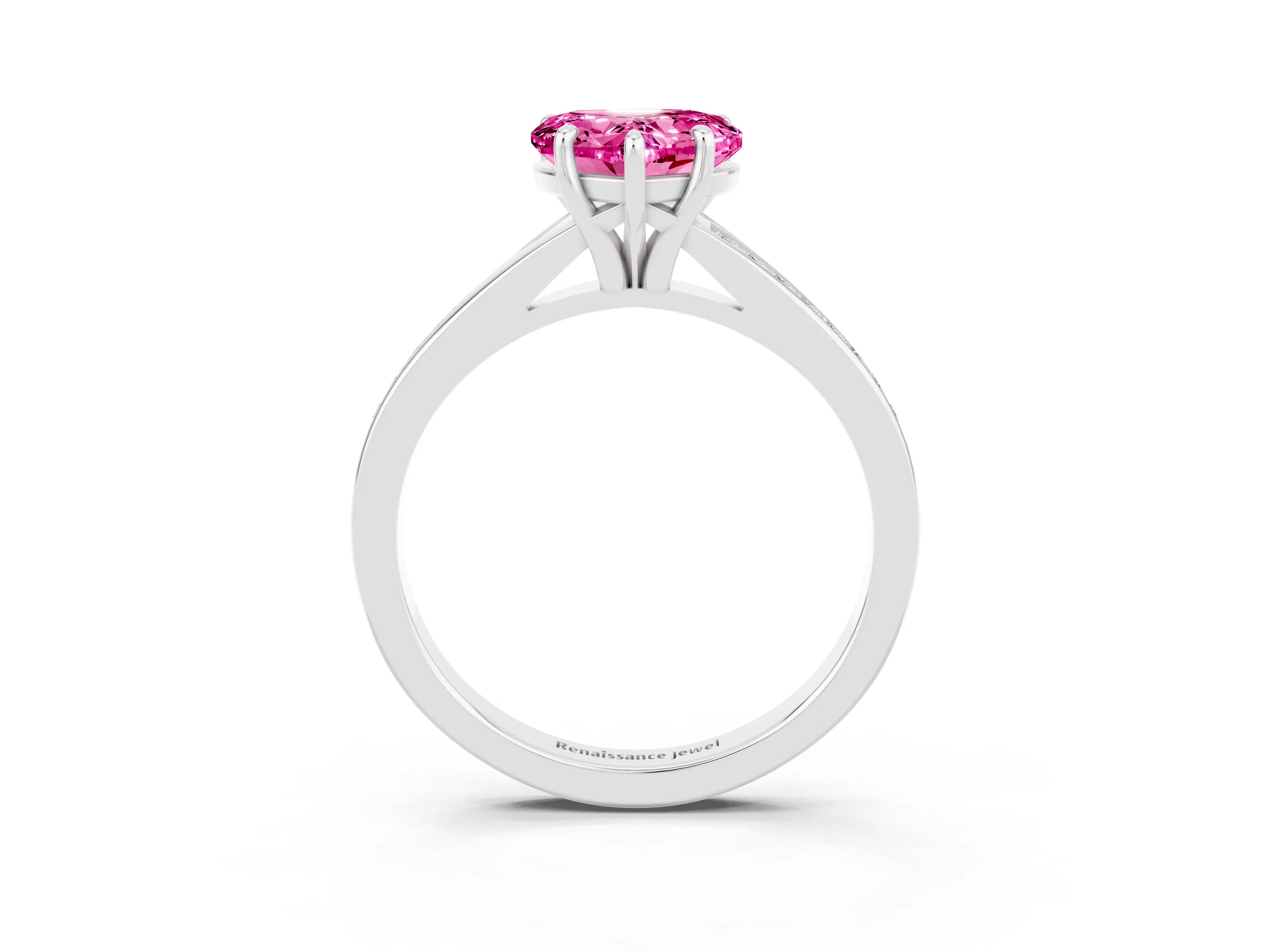 White gold Heart Cut Pink Sapphire Solitaire Ring with Pavé Band and Prong Setting_3