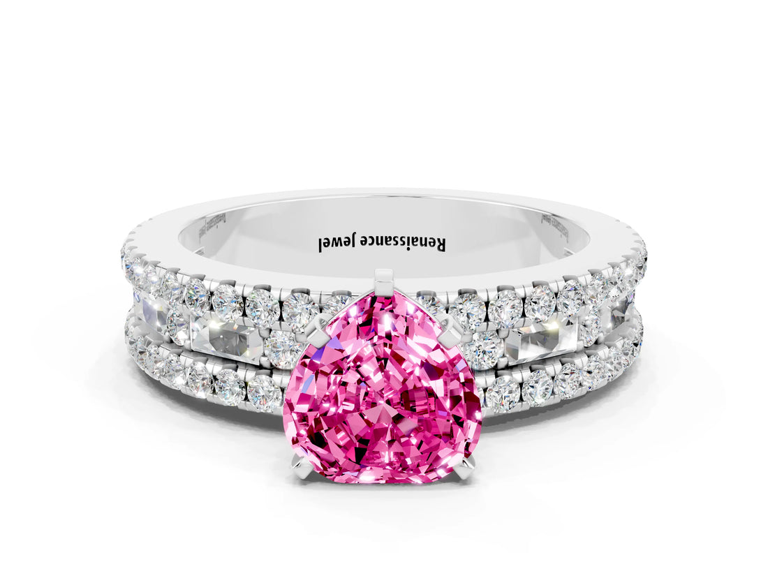 White gold Heart Cut Pink Sapphire Solitaire Ring with Pavé and Channel Set Band_24
