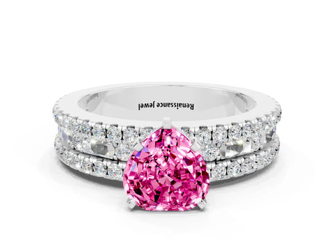 White gold Heart Cut Pink Sapphire Solitaire Ring with Pavé and Channel Set Band_24