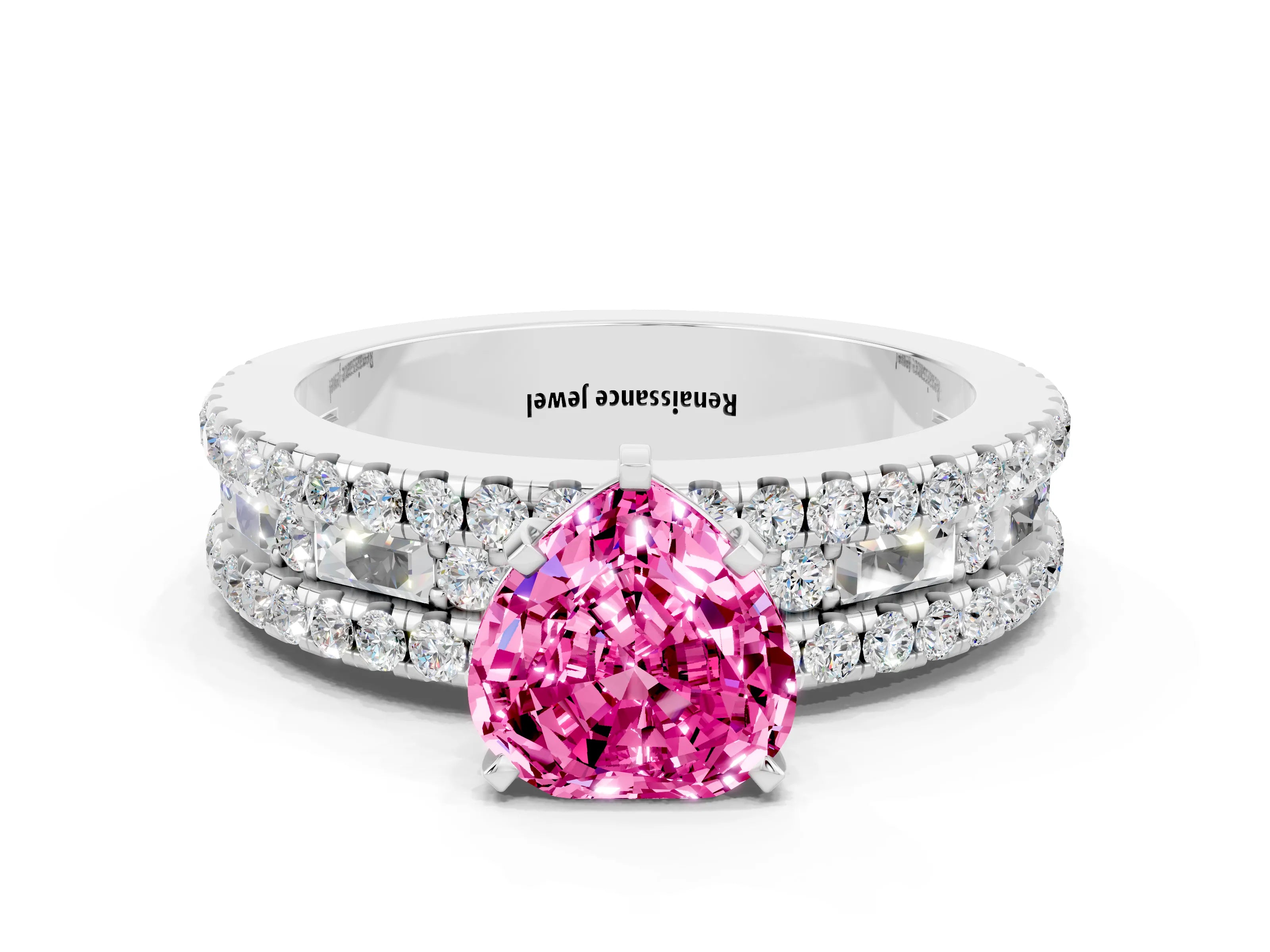 White gold Heart Cut Pink Sapphire Solitaire Ring with Pavé and Channel Set Band_24