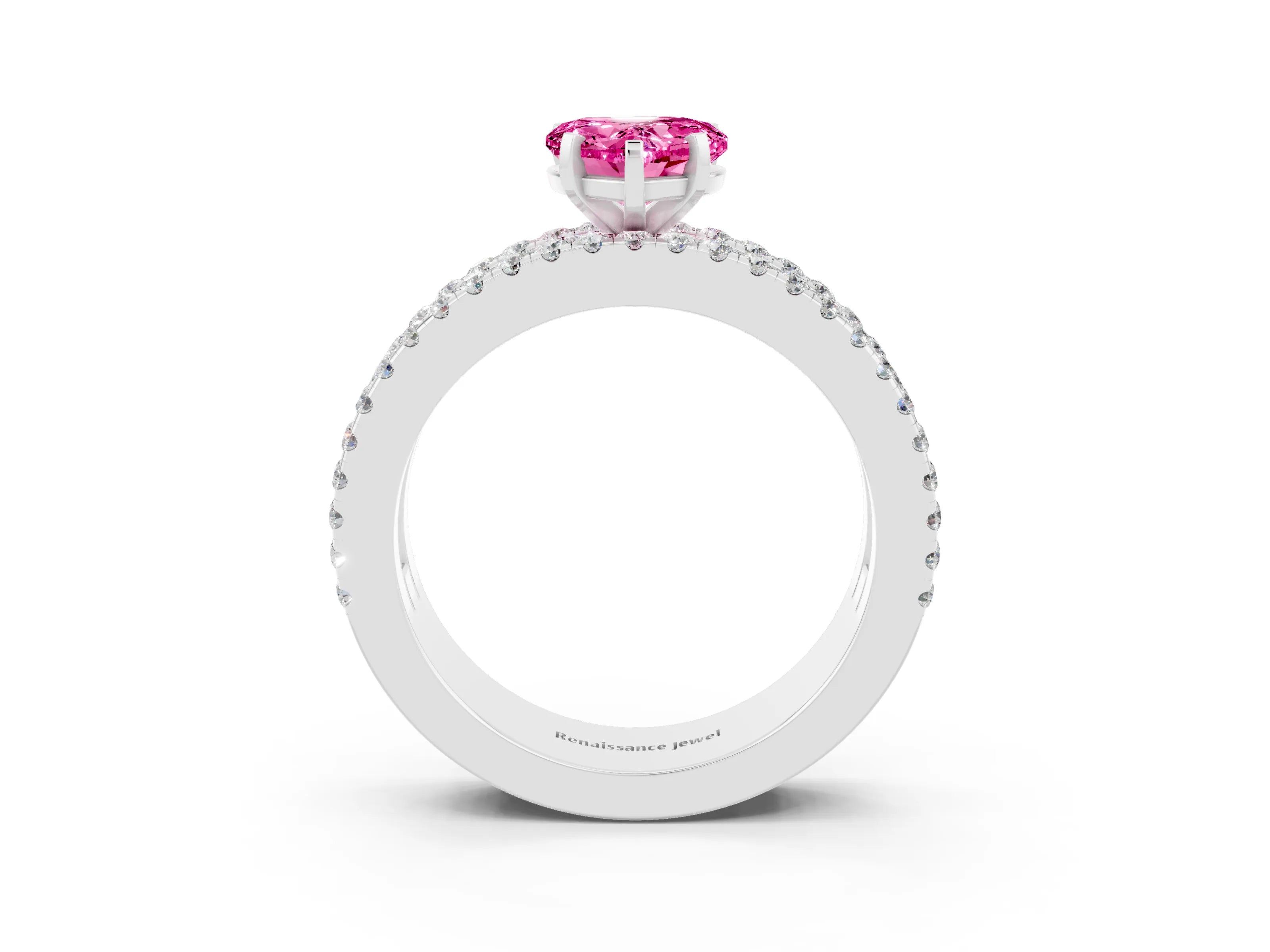 White gold Heart Cut Pink Sapphire Solitaire Ring with Pavé and Channel Set Band_27