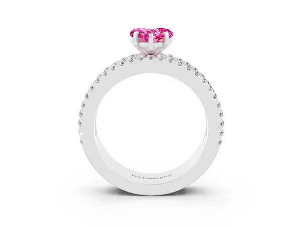 Silver Heart Cut Pink Sapphire Solitaire Ring with Pavé and Channel Set Band