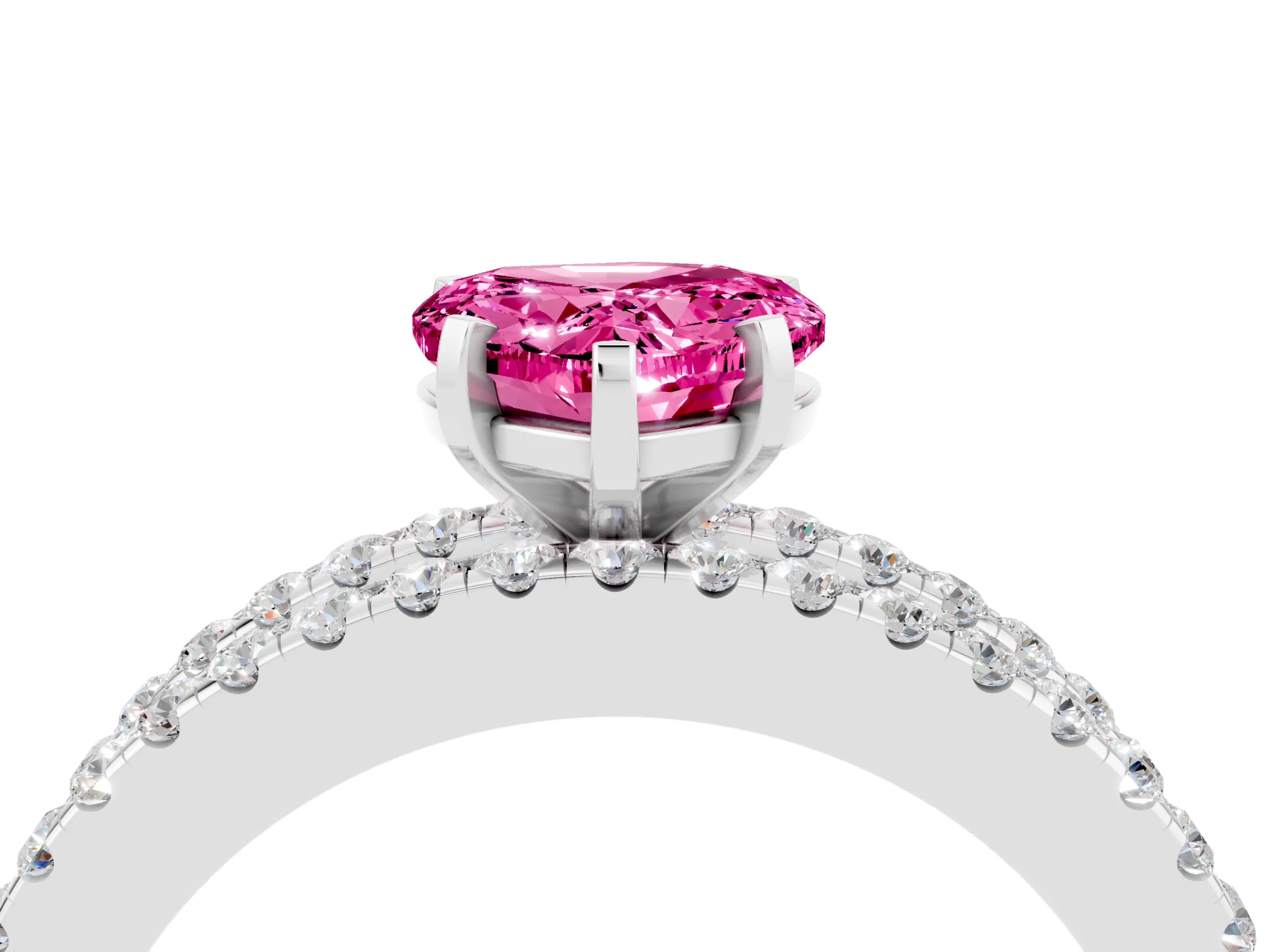 White gold Heart Cut Pink Sapphire Solitaire Ring with Pavé and Channel Set Band_28