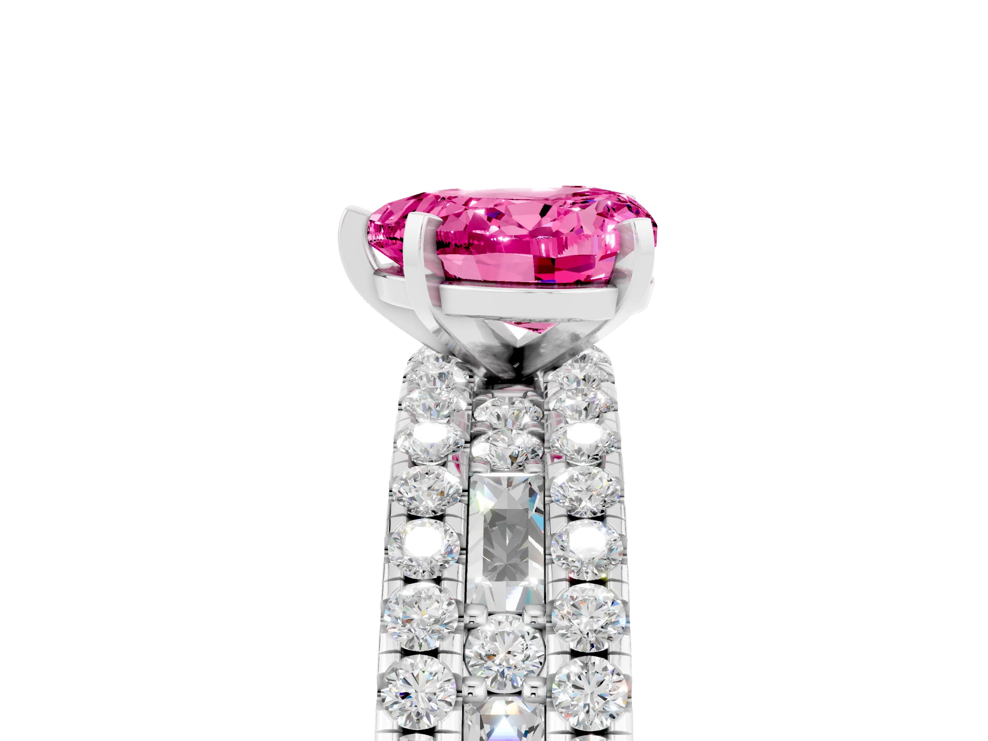 White gold Heart Cut Pink Sapphire Solitaire Ring with Pavé and Channel Set Band_29