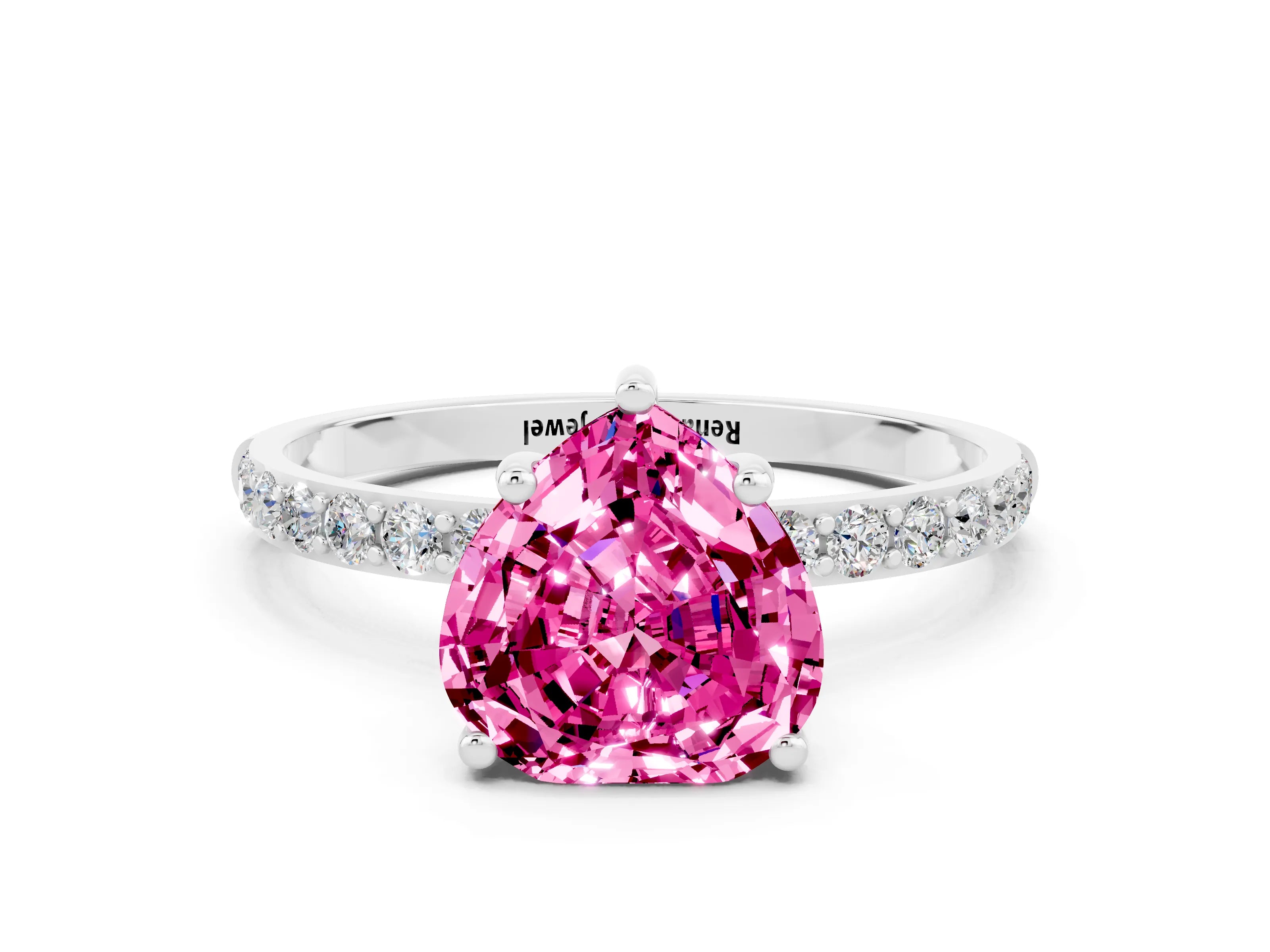 White gold Heart Cut Pink Sapphire Solitaire Ring with Pave Band and Four Prong Setting_48