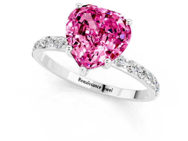 Silver Heart Cut Pink Sapphire Solitaire Ring with Round  Pavé Band and Prong Setting