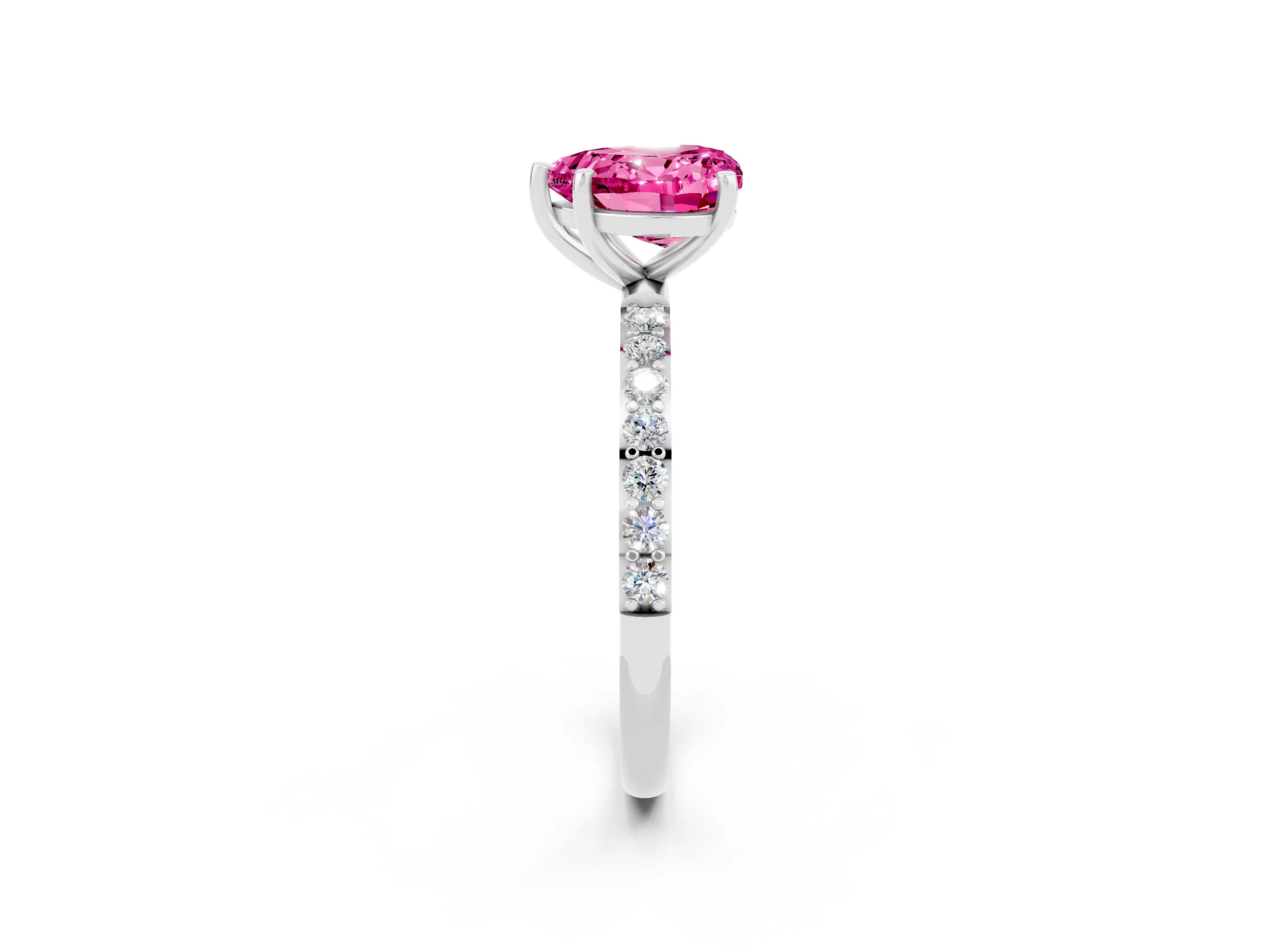 White gold Heart Cut Pink Sapphire Solitaire Ring with Pave Band and Four Prong Setting_50